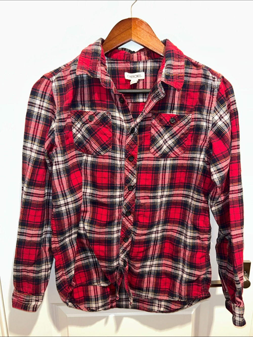 Cherokee Red Black and White Plaid Button-Down Shirt